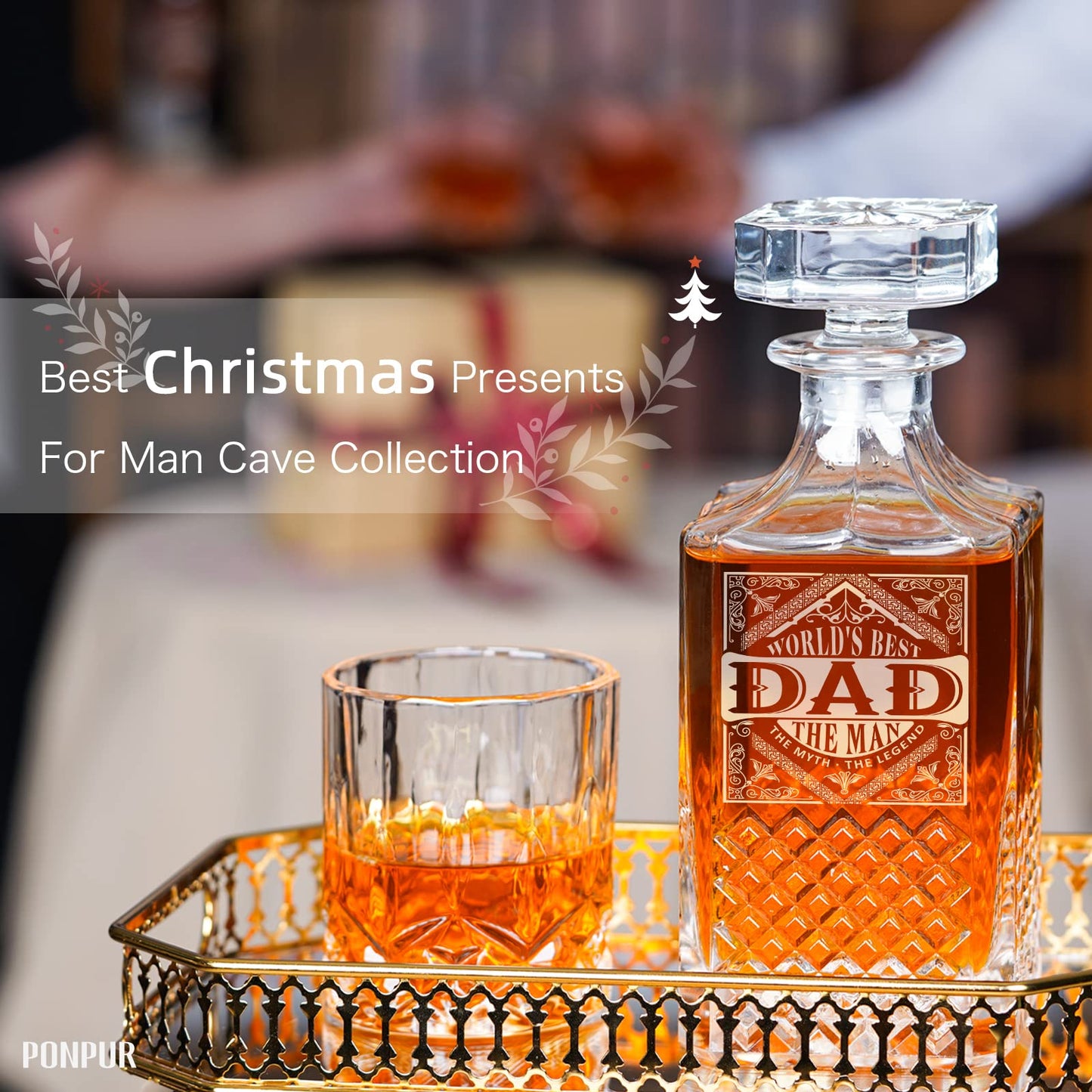 PONPUR Gifts for Men Dad Stocking Stuffers, Whiskey Decanter Set with 2 Glasses, Unique Cool Dad Birthday Gift from Daughter Son, Best Christmas Retirement Present for Man Father
