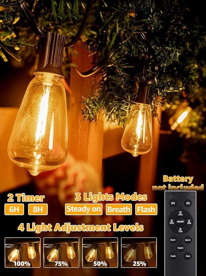 Outdoor String Lights Dimmable with Remote, 50 FT Outdoor Lights with 2 Timer and 3 Modes, Waterproof & Shatterproof Patio Lights, 2200K Energy Saving String Lights 2 Spare Bulbs for Patio Yard