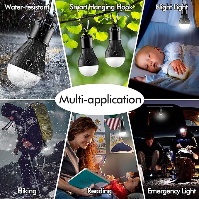 Portable LED Tent Lamp Emergency Lights with Hook, Hurricane Bulb Lantern Equipment for Camping, Hiking, Backpacking, Fishing Outage, Multicolor, 4 Pack
