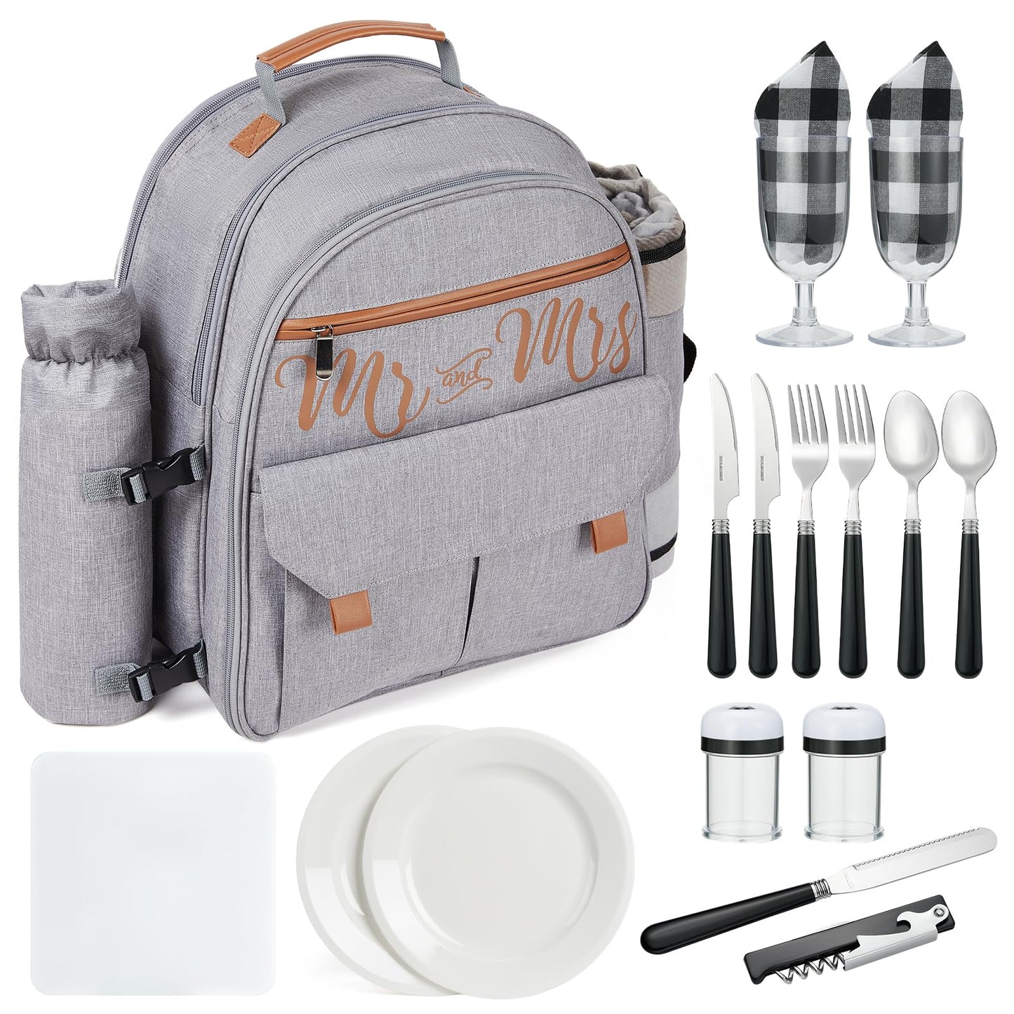 Couple Gifts 22L Picnic Basket Set, Grey Insulated Picnic Backpack for 2, Leak Proof Cooler Camping Gifts, Cool Bridal Shower Gifts Anniversary Engagement Wedding Gifts for Couples, Mr and Mrs Gifts