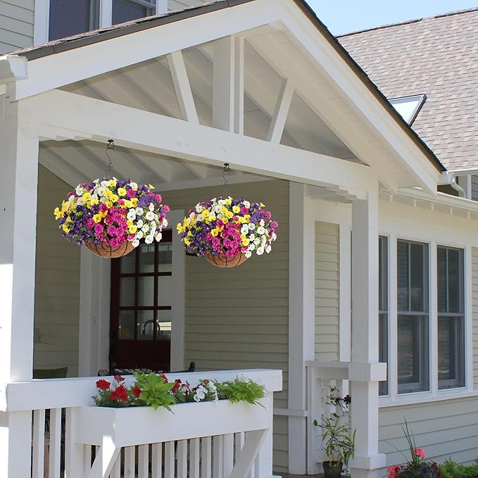 Artificial Faux Hanging Flowers Plants Baskets for Outdoors, Fake Silk Morning Glory in Planter UV Resistant Realistic Artificial Flower for Outside Porch Patio Balcony Garden Yard Home Decor