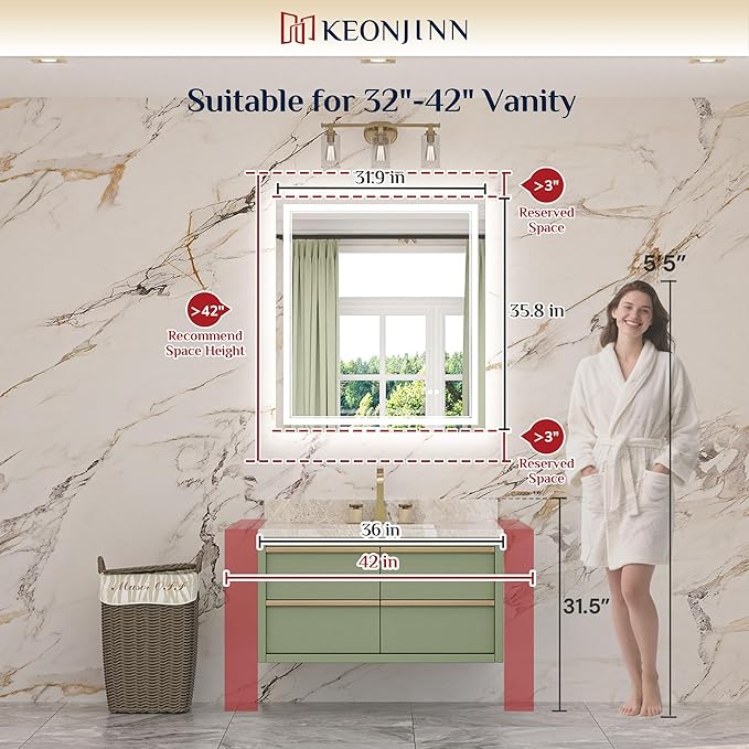 Keonjinn 32" x 36" LED Bathroom Mirror, Frontlit & Backlit Bathroom Mirror with Lights, 3 Color Lights, Dimmable, Defogging, Tempered Glass, Smart Memory Function, Light Up Mirror for Wall
