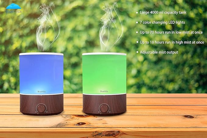 BlueHills Premium 4000 ml XL Essential Oil Diffuser 4L 4 Liter 70 Hour Run Humidifier Aromatherapy 1 Gallon Big Capacity High Mist Output for Extra Large Room Home Mood Lights Dark Wood Grain E402