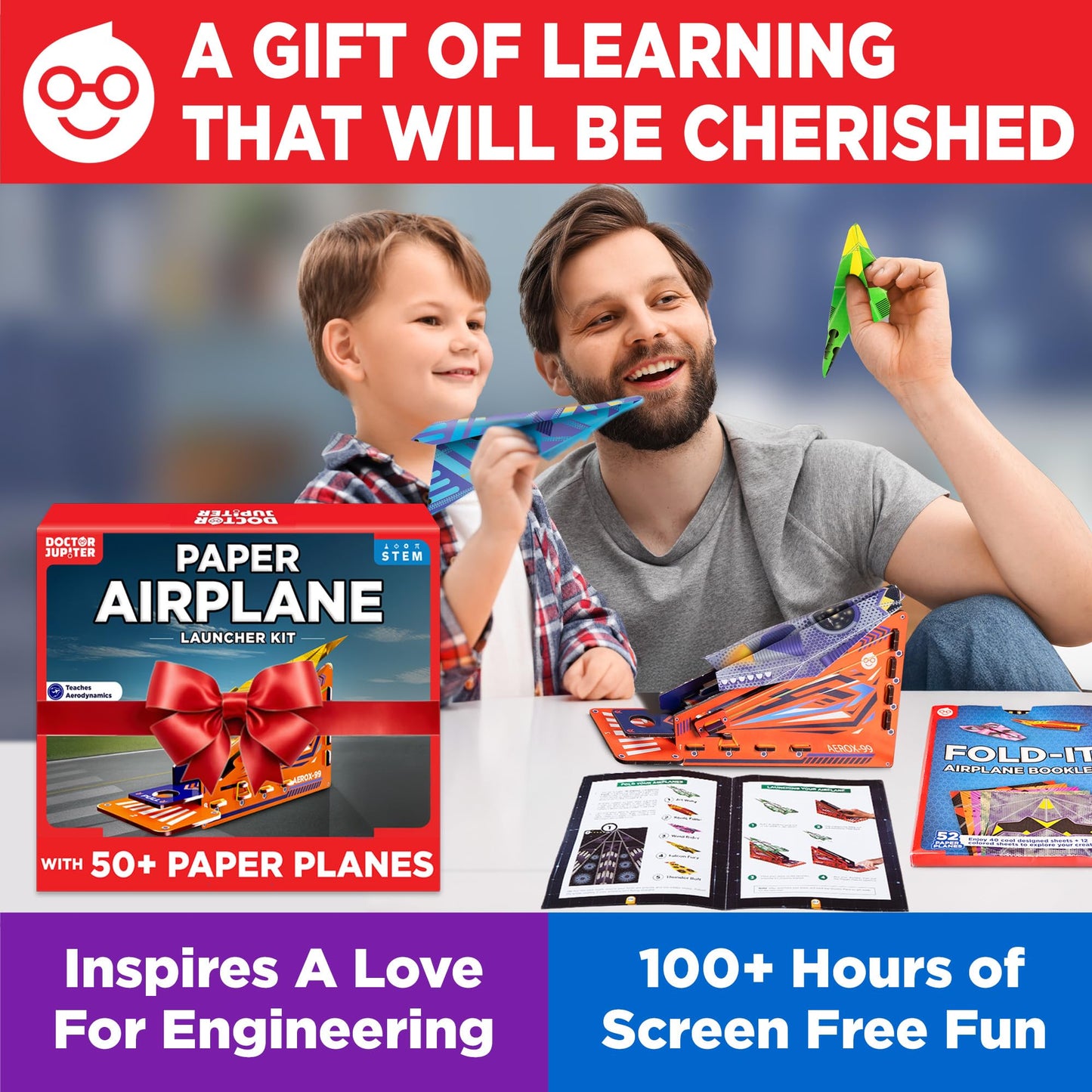 Doctor Jupiter Paper Airplane Book Kit, Crafts for Kids Ages 6+ | Birthday Gift Ideas for 6-7-8-9-10-11-12 Year Old Boys & Girls | Learning & Educational STEM Toy with 50 Paper Airplanes and Launcher