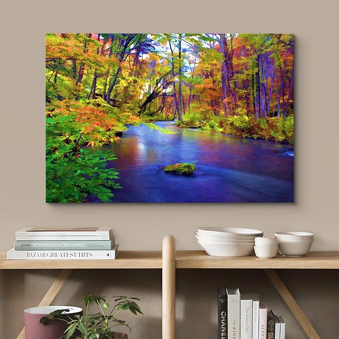 wall26 Canvas Print Wall Art Multicolor Autumn Forest with Blue River Floral Nature Illustrations Realism Bohemian Scenic Relax/Calm Cool for Living Room, Bedroom, Office - 16"x24"