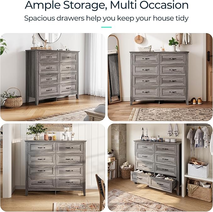 LINSY HOME Farmhouse 8-Drawer Dresser - Grey Chest of Drawers for Bedroom and Living Room Organization, Wood Dresser with Ample Storage Space and Rustic Charm