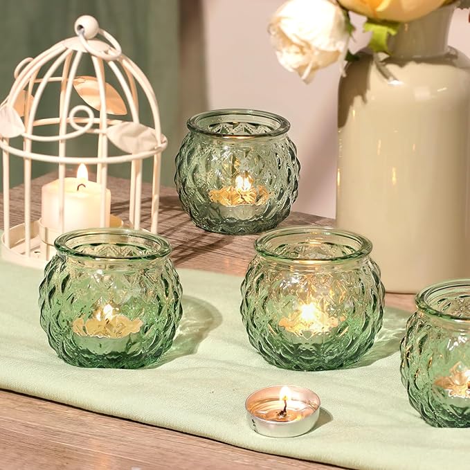 DARJEN Green Votive Candle Holders Set of 24- Round Glass Candle Holders Bulk for Flameless LED Tea Waxes, Candle Holder for Wedding Shower & Home Table Decor, Various Parties