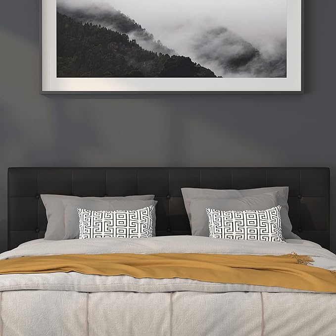Flash Furniture Lennox Button Tufted Upholstered King Size Headboard in Black Vinyl with Adjustable Bed Rail Slots