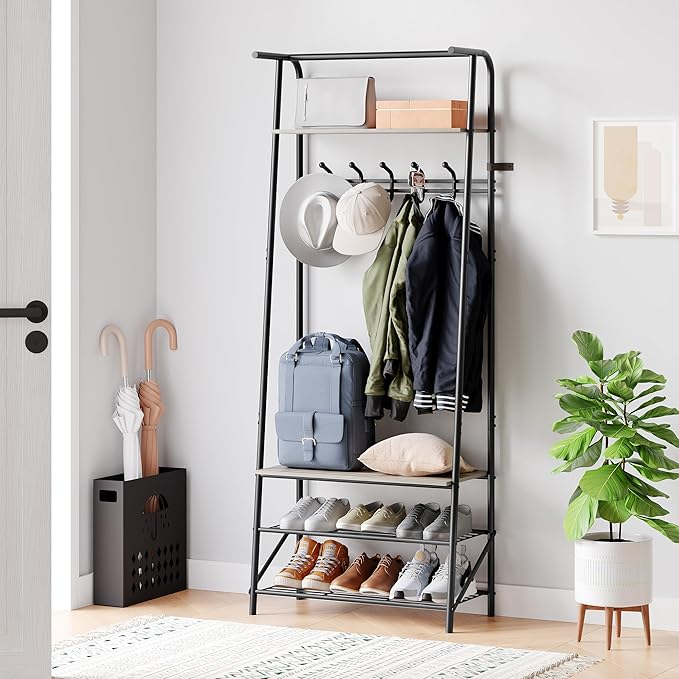 Coat Rack Hall Tree with Shoe Storage Bench, 4-in-1 Entryway Bench with 6 Hooks & 3-Tier Shoe Rack, Metal Frame for Entryways, Freestanding Coat Racks Storage for Entryway, Hallway, Front Door
