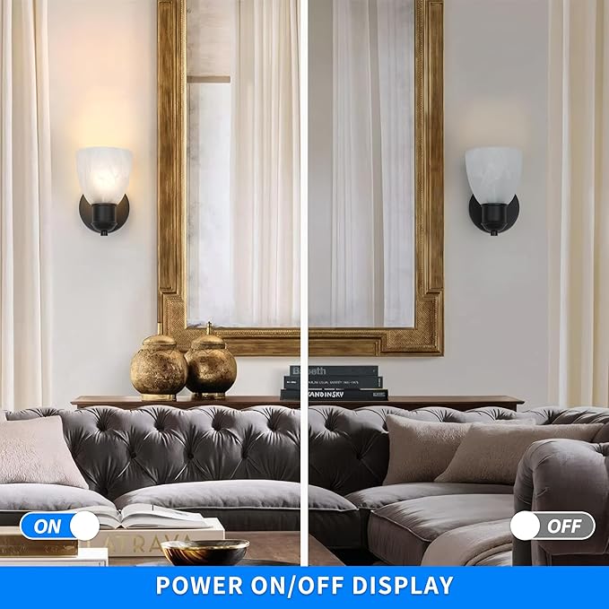 Wall Sconces Set of Two, Matte Black Vanity Lights for Bathroom, Modern Wall Light Fixtures Mount Lamp with Cloudy-Patterned Glass for Bedroom Mirror Living Room Hallway Kitchen