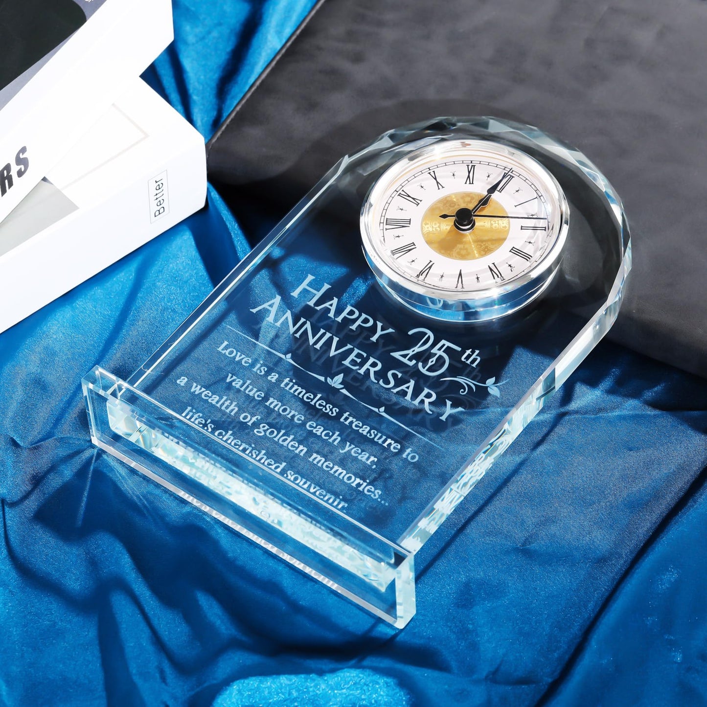 YWHL 25th Wedding Anniversary Clock Gifts for Couple, 25 Year Anniversary Keepsake Gifts for Husband/Wife, Glass Clock Decoration for 25 Years for Marriage (Battery not Included)