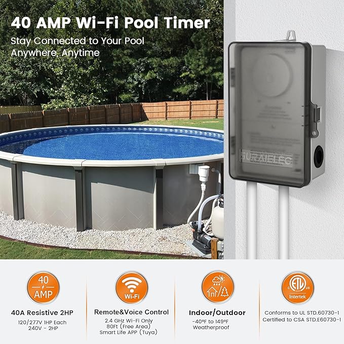 SURAIELEC WiFi Pool Timer, Outdoor Indoor Smart Switch, 40 AMP, 2HP, 120, 240, 277 VAC, Heavy Duty Pool Controller Light Timer Box for Pool Pump, Water Heater, Spa, Powerful Electrical Appliances