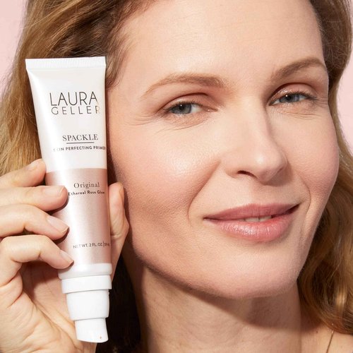 LAURA GELLER NEW YORK Baked Balance-n-Brighten Powder Foundation - Deep + Spackle Super-Size Skin Perfecting Makeup Primer - Ethereal Rose Glow + Retractable Airbrush Kabuki Brush