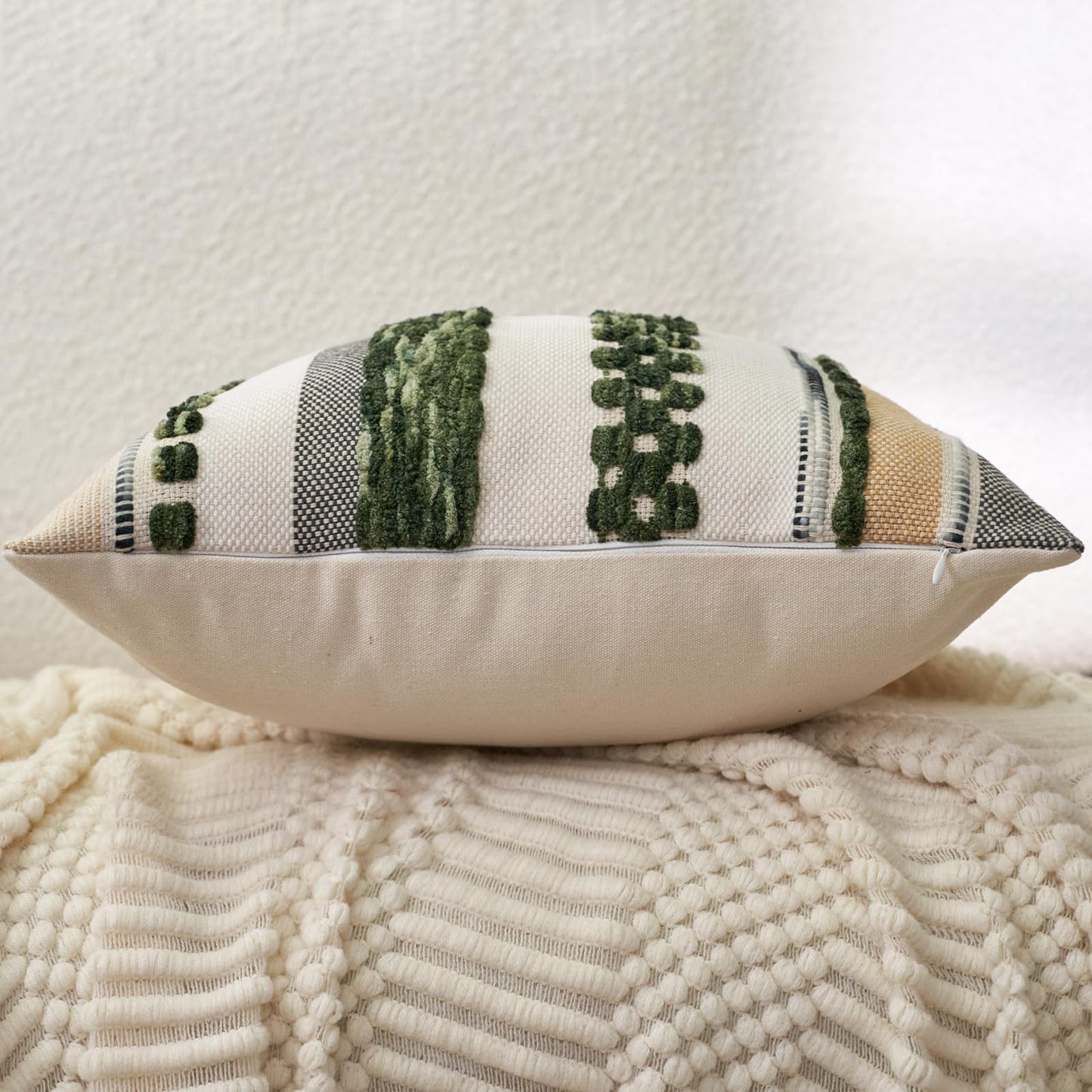 Aeckself Boho Throw Pillow Covers 18x18 Inch Set of 2, Farmhouse Decorative Striped Square Pillow Covers Chenille Tufted Pillow Cases Accent Neutral Pillowcase for Living Room Couch Bed, Dark Green