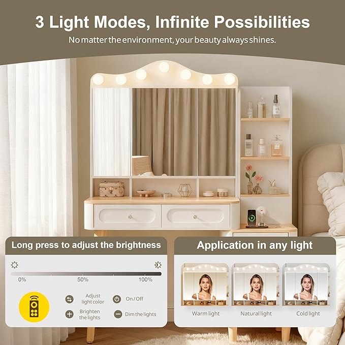 【Hanuq】 Vanity Desk with Mirror and Lights,Makeup Vanity with 2 USB Power Strip,Vanity Set with Two Drawers and Three-Drawer Chest,3 Lighting Modes Adjustable Brightness,Foldable Three-Sided Mirror