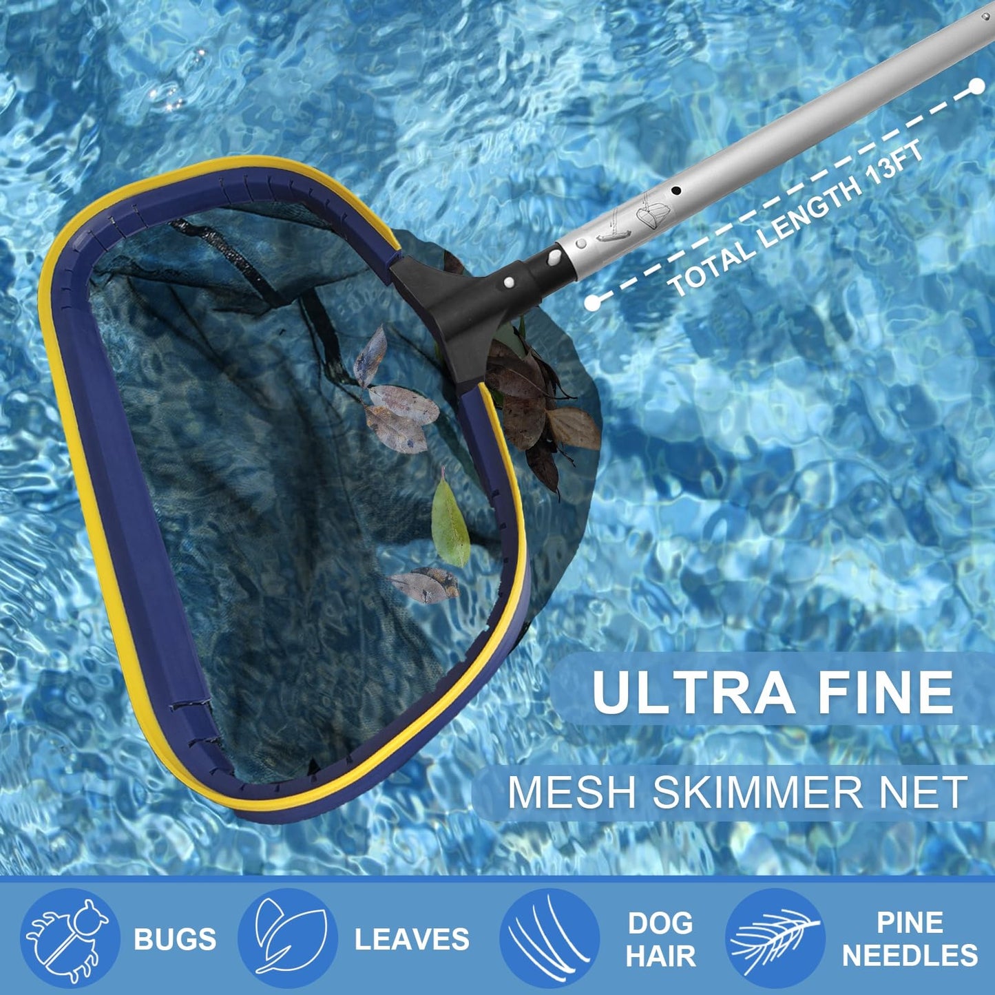 Poolvio 5-in-1 Pool Cleaning Kit - Includes Semi-Deep Skimmer Net, Aluminum Leaf Rake, 20' Pool Brush with 13ft Adjustable Pole