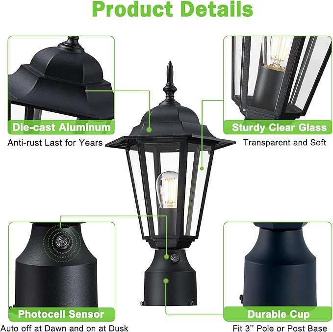 Dusk to Dawn Outdoor Post Light, Pole Lantern, Waterproof Die-Cast Aluminum Pole Light Fixture with Glass, Exterior Post Lamp for Garden Yard Patio Pathway, Matte Black, 2-Pack