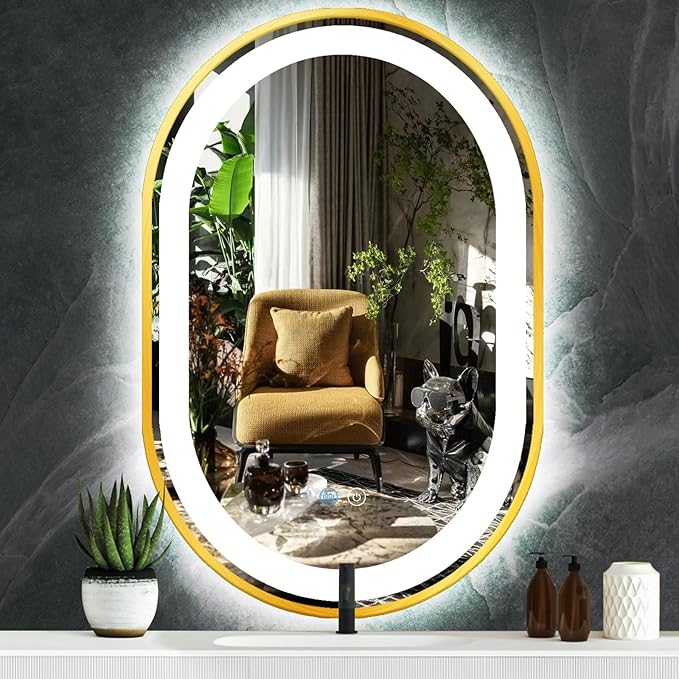 20 x 32 Inch Gold Oval LED Vanity Mirror with Lights Smart Memory 3 Color Dimmable Anti-Fog 32 Inch Gold Frame Oval Lighted Mirror for Bathroom Wall LED Ovals Mirror with Lights Golden Frame