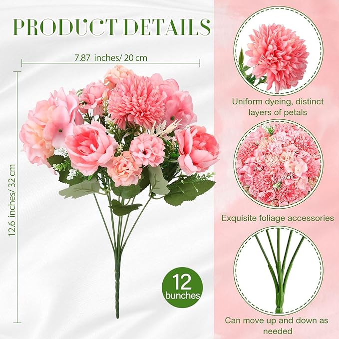 Tigeen Artificial Flowers Artificial Peonies Silk Flowers Faux Peony Fake Peony Silk Hydrangea Bouquet for Wedding Table Centerpiece Floral Vase Decor(Rose Pink,12 Bundles)