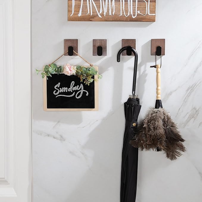 DELITON Adhesive Towel Hooks,Wall Hooks for bathrooms Without Drilling, Wood Wall Hooks for Hanging Robe, Towel, Bag Stick on Farmhouse Bathroom Bedroom Entryway 4 Packs Burned Brown