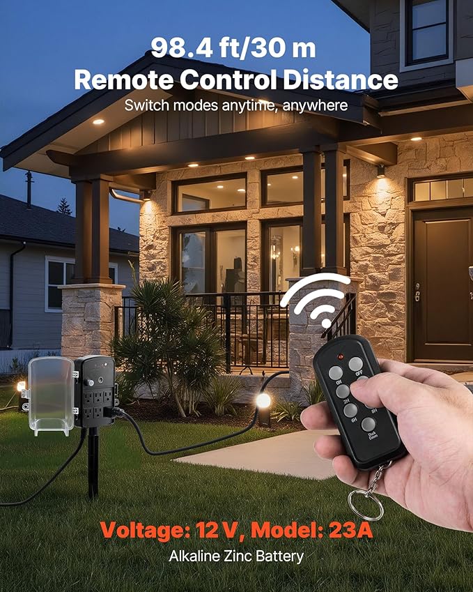 VEVOR Outdoor Power Stake Timer, 50FT Extension Cord, Remote Control Outdoor Power Strip with Cover, Dusk to Dawn Light Timer Waterproof, 6 Outlets for Halloween Christmas Lights, Garden Decorations