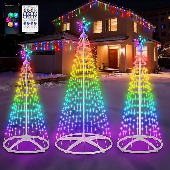 3 Pack Smart Christmas Cone Tree Lights App Controlled, 4FT 5FT 6FT RGB Color Changing Christmas Trees Music Sync, Goup Control, Magical Xmas Tree Lightshow for Yard Indoor Outdoor Christmas Decor