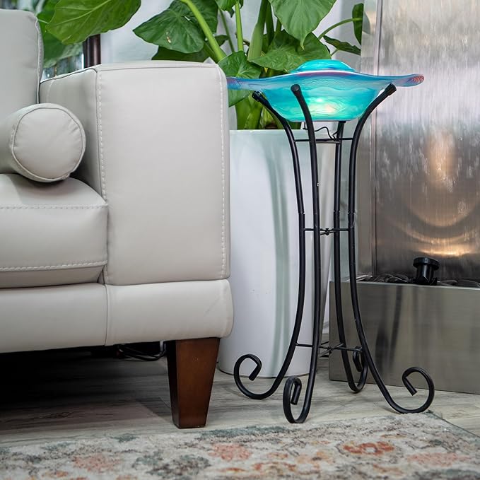 XBrand 27" LED Mist Indoor Floor Fountain, Freestanding Water Feature with Inline Control, Aromatherapy, Glass & Metal, Blue