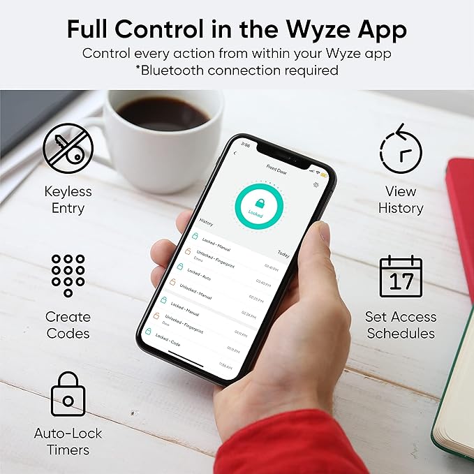 Wyze Auto-Lock Bolt, Fingerprint Unlock with Keypad, Electronic Digital Entry Door Smart Deadbolt Lock, IPX5 Weatherproof, Easy Installation, Matte Black