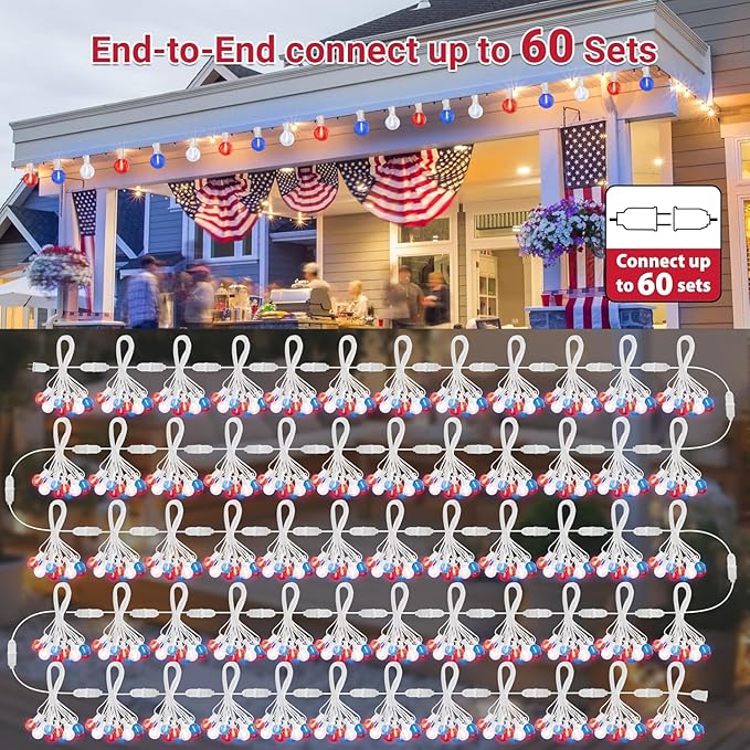 LAMPHOME 2 Pack 26Ft LED G40 Red White and Blue String Lights Outdoor, 4th of July Patriotic Lights with 12+1 Shatterproof Bulbs, Memorial Day Independence Day Decor for Yard Garden Patio