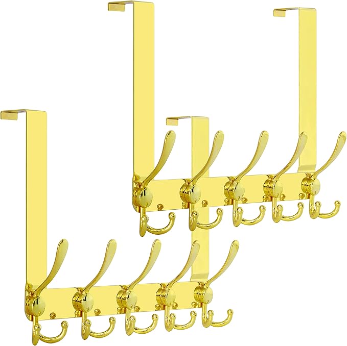SKOLOO Over The Door Hook - for Doors up to 1-3/4'' Thickness, Pack of 2, Metal Door Hanger with 5 Triple Hooks, Over The Door Hanger for Coats, Hats,Towels, Gold, Assembly Required