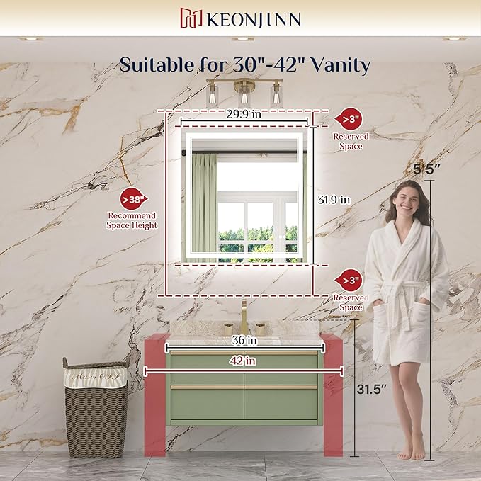 Keonjinn 30" x 32" Bathroom LED Mirror, Front & Back Lighted Mirror for Bathroom Wall, HD Tempered Glass, Safe Anit-Fog, 3000K/4500K/6500K, Dimmable, Frameless LED Wall Mirror with Lights