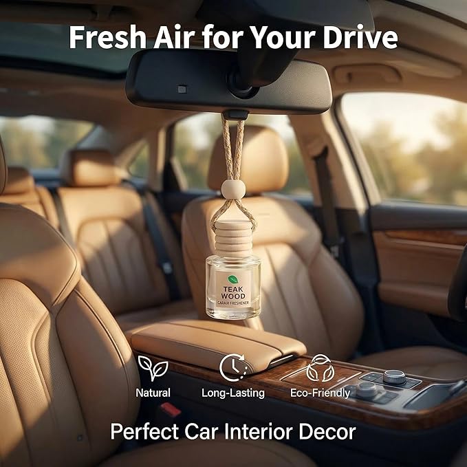 Plant-Powered Car Air Freshener 4-Pack, Essential Oil Hanging Car Diffuser for Rearview Mirror, Long Lasting Odor Eliminator, Aesthetic Auto Decor Accessories (Teakwood, Bamboo, White Tea)