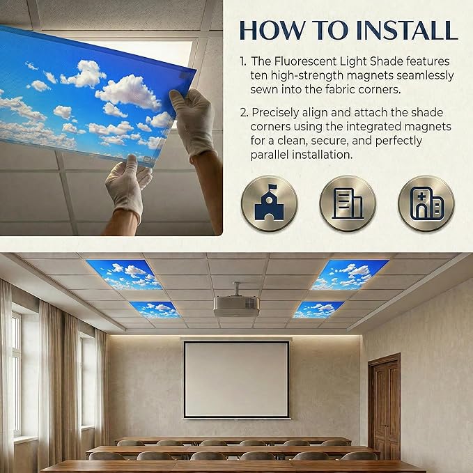 4 Pack Fluorescent Light Covers for Ceiling Lights -Magnetic Cloud Cover for Fluorescent Or LED Fixture 2ft x 4ft Classroom,Home,Office Decoration Filters Overhead Lighting-white clouds