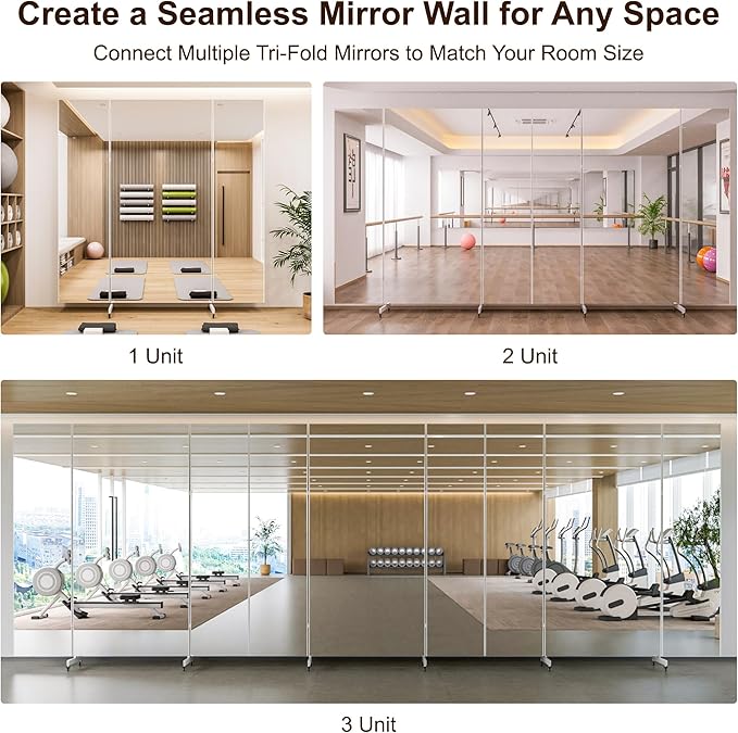 Brisafe 81" x 81" Extra Large Full Length Tri-Fold Mirror on Wheels, Stand Up Movable Floor Mirror with Stand, 3-Way Folding Standing Mirror for Gym, Dance Studio, Fitness Room & Home, Black