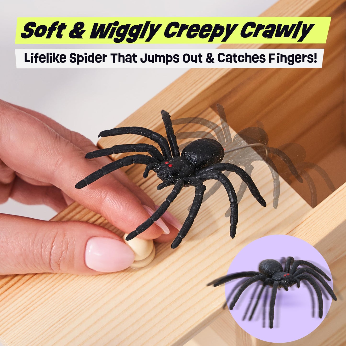 FunFamz The Original Spider Prank Box- Funny Wooden Box Toy Spider Prank, Hilarious April Fools Day, or Birthday Surprise Toy and Gag Gift Practical Joke Bromas Kit