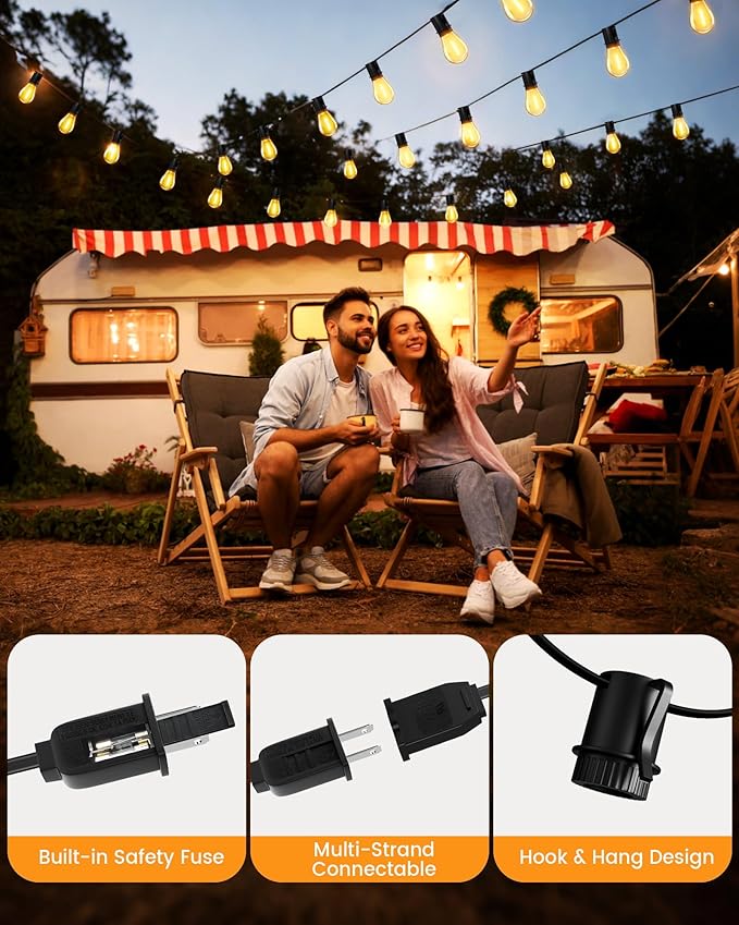 Torkase Outdoor String Lights 180FT, Patio Lights with 53 Dimmable S14 Plastic Bulbs 2 Spare, 2200K Waterproof Connectable Hanging Lights for Backyard Porch Cafe Party Decor