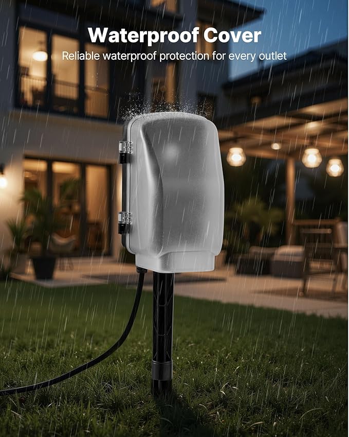 VEVOR Outdoor Power Stake Waterproof, 50 FT Extension Cord, Outdoor Power Strip, Weatherproof with Cover and Overload Protection, 6 Outlets, 15A/1875W for Halloween/Christmas Lights Decorations