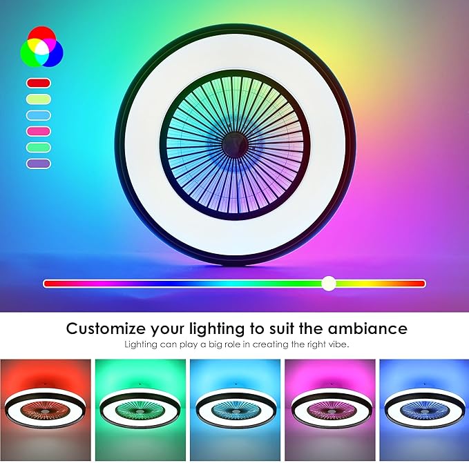 24" Bladeless Ceiling Fan with RGB Light Remote, Smart LED Ceiling Fans with Voice/App Control, Modern Low Profile Dimmable Light Ceiling Fan for Bedroom Living Room