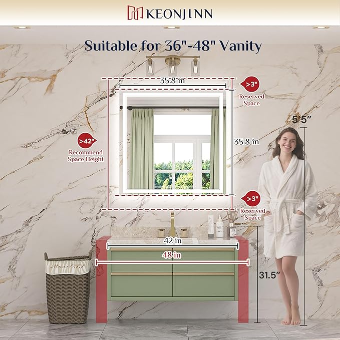 Keonjinn 36" x 36" Square Bathroom Mirror with Lights, Frontlit & Backlit LED Mirror, Safe Tempered Glass, 3 Color Lights, Dimmable, Defogging, Smart Bathroom Vanity Mirror for Wall