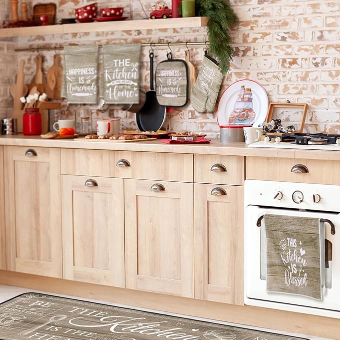 Fourluoo 10 Pcs Farmhouse Kitchen Decor and Accessories Set 4 Kitchen Towels 2 Pot Holders 2 Oven Mitts 2 Rugs for Cooking Baking Mom Housewarming Gifts(Brown,Classic Style)