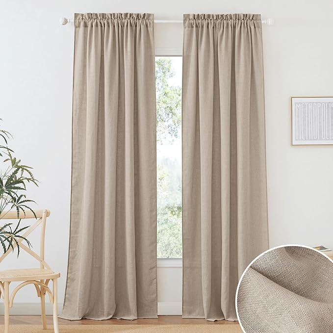 RYB HOME Khaki Linen Curtains 95 inches, Rod Pocket Linen Blend Boho Farmhosue Elegant Light Filtering Privacy Protected Panels for Dining Room, 52" W, 2 Panels