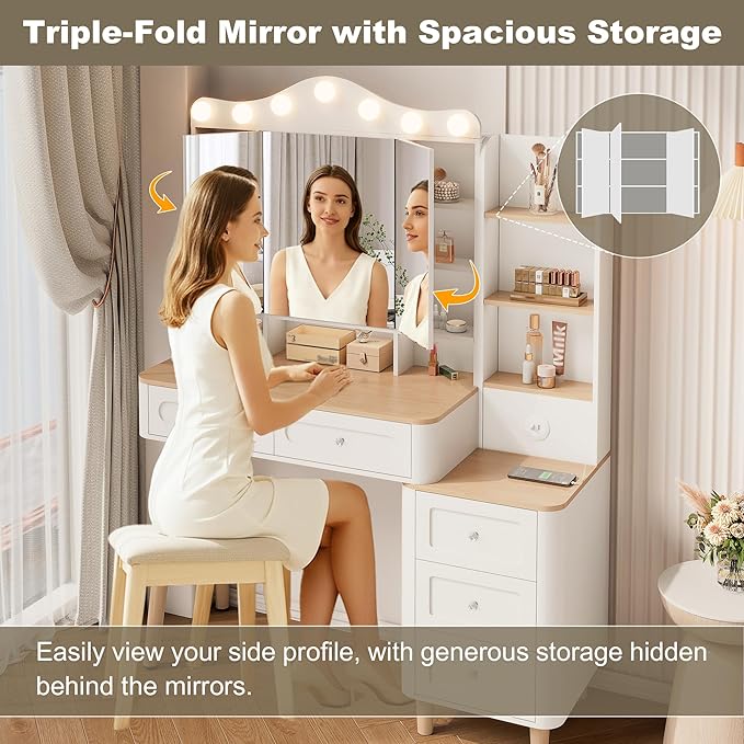 【Hanuq】 Vanity Desk with Mirror and Lights,Makeup Vanity with 2 USB Power Strip,Vanity Set with Two Drawers and Three-Drawer Chest,3 Lighting Modes Adjustable Brightness,Foldable Three-Sided Mirror