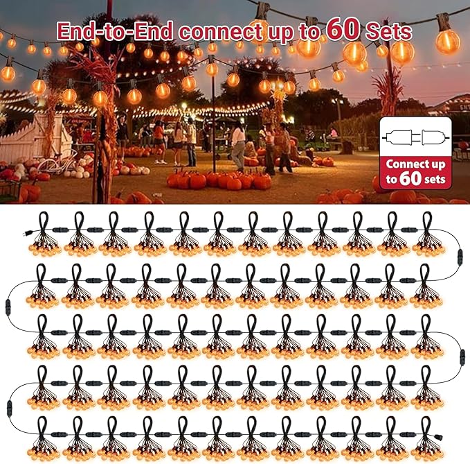 LAMPHOME 2-Pack Globe Outdoor Halloween String Lights, 26FT Patio Lights with 12+1 Edison Shatterproof Bulbs(1 Spare), Connectable Dimmable Orange Lights for Backyard Porch Halloween Decor