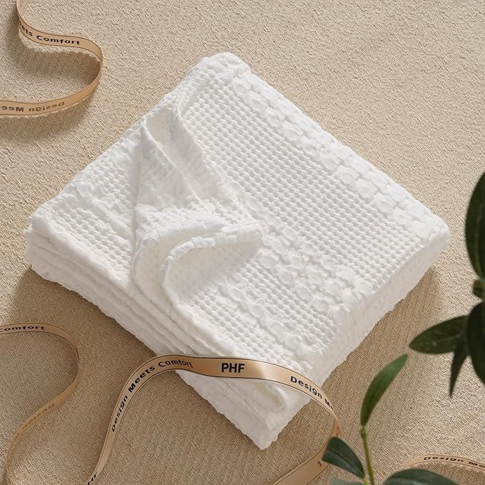 PHF 100% Cotton Waffle Weave Throw Blanket, Soft Lightweight Breathable Cozy Throws for Couch Bed Sofa, Luxury Aesthetic Woven Blanket for Home Decor & Office, 50"x60", White
