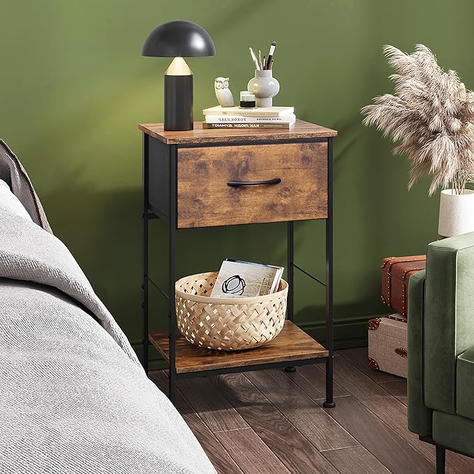 WLIVE Nightstand, Bedside Side Table for Bedroom, Dorm with Steel Frame, Night Stand End Table with Fabric Storage Drawer, Easy Assembly, Rustic Brown Wood Grain Print, 11.73''D 15.67''W 25.03" H