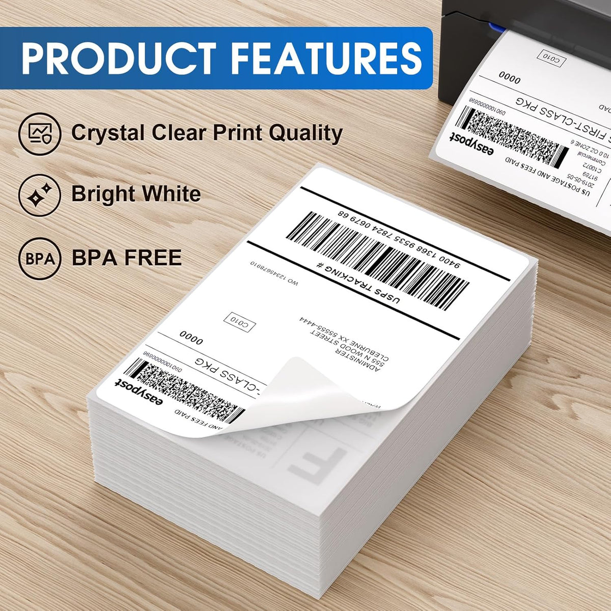 MaxGear 4" x 6" Direct Thermal Labels, 2000 Fanfold Labels, for Shipping & Mailing, Perforated White, Commercial Grade with Permanent Adhesive, Compatible with Most Thermal Printers,4 Stack