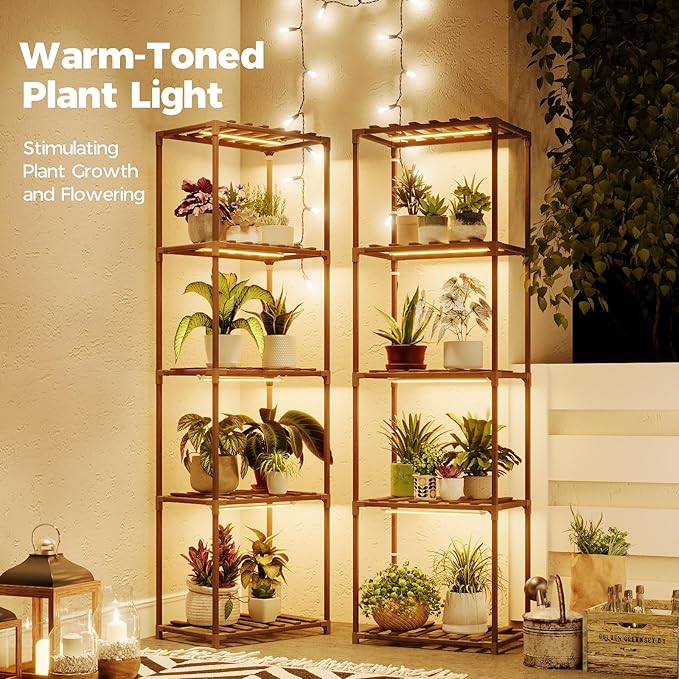 Bamworld Plant Stands with Grow Lights Sets of 2 Tall Plant Shelves for Mutiple Pots Large Plant Holder for Living Room Patio Boho Home Decor for Gardening Warm Light 2pcs