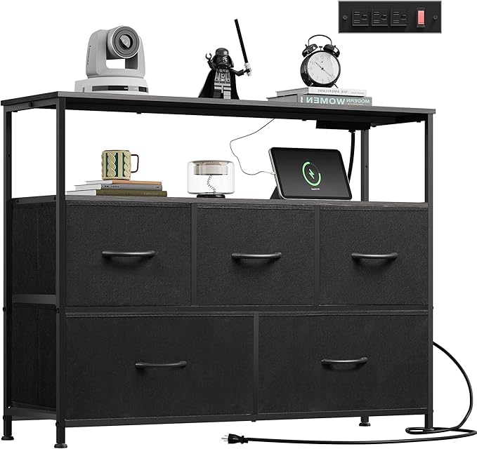 WLIVE Black Dresser for Bedroom, 5 Drawer Dressers with Charging Station, Fabric Chest of Drawers with Open Shelves, Storage Dresser for Living Room, Closet, Entryway