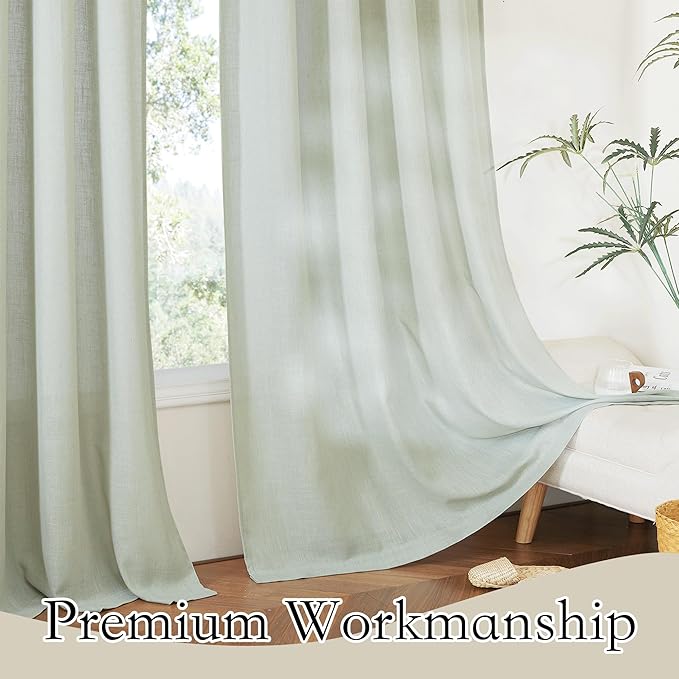 RYB HOME Thick Linen Curtains 102 inches Long, Wrinkle Resistance Semi Translucent Vertical Boho Linen Burlap for Living Room Kids Room Home Office, W 52 x L 102 inches, Sage Green, 2 Panels