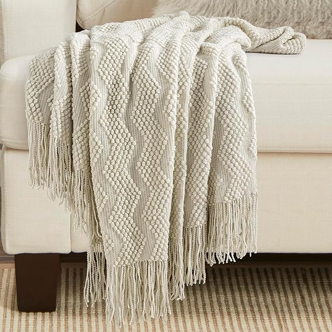 BOURINA Beige Throw Blanket 50x60 Inches Throw Textured Solid Soft Ripple Throws and Blankets for Sofa or Bed Knitted Decorative Bla
